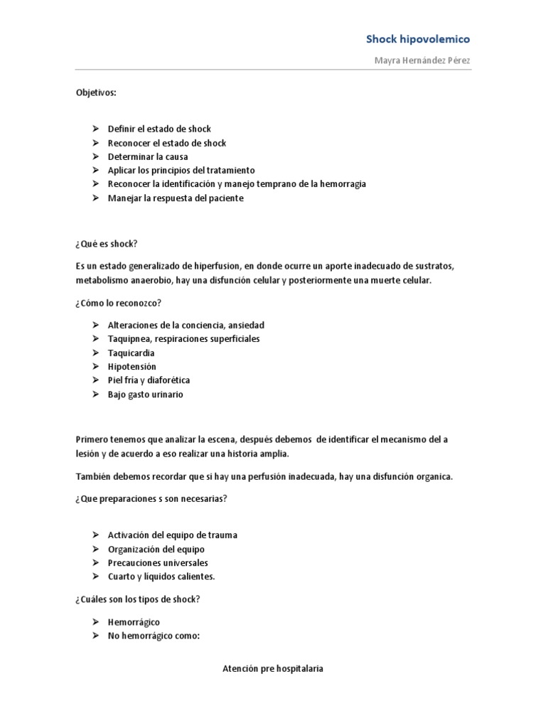 Manejo Prehospitalario del Shock Hipovolémico | PDF | Choque ...