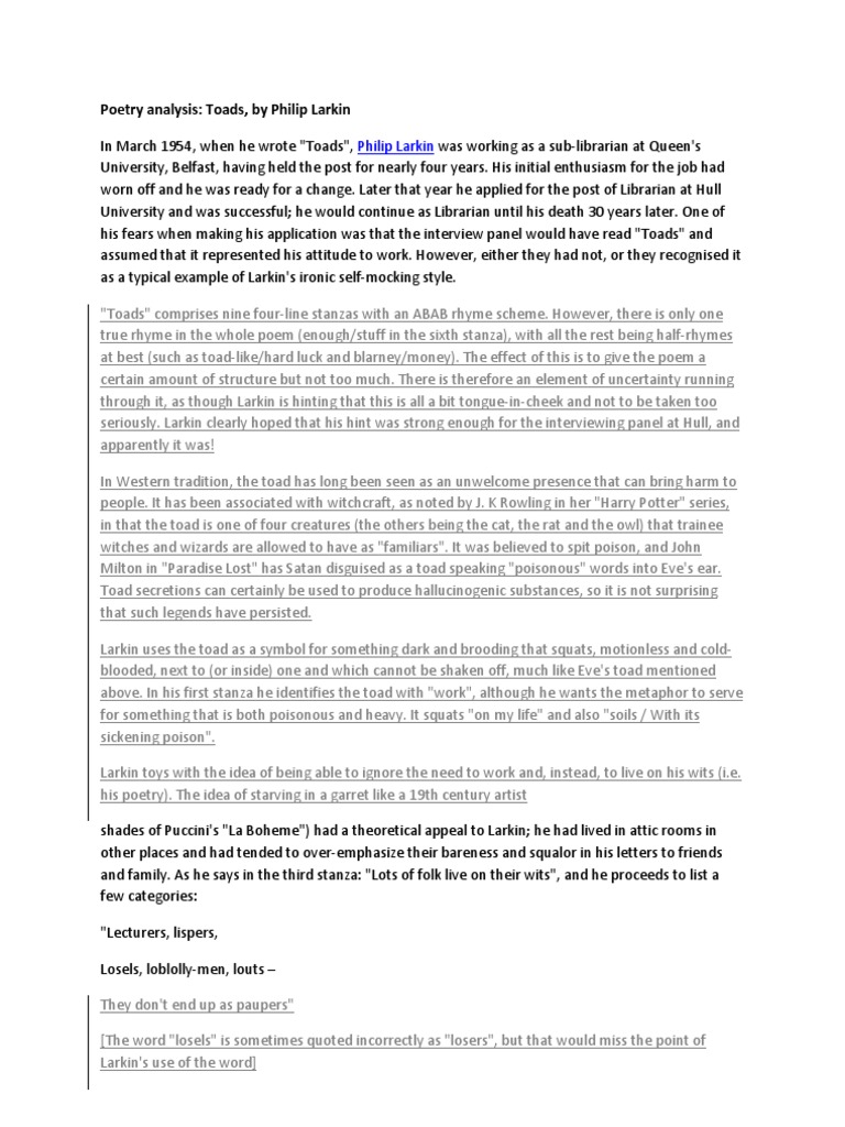 Poetry Analysis Toads Philip Larkin | PDF | Poetry