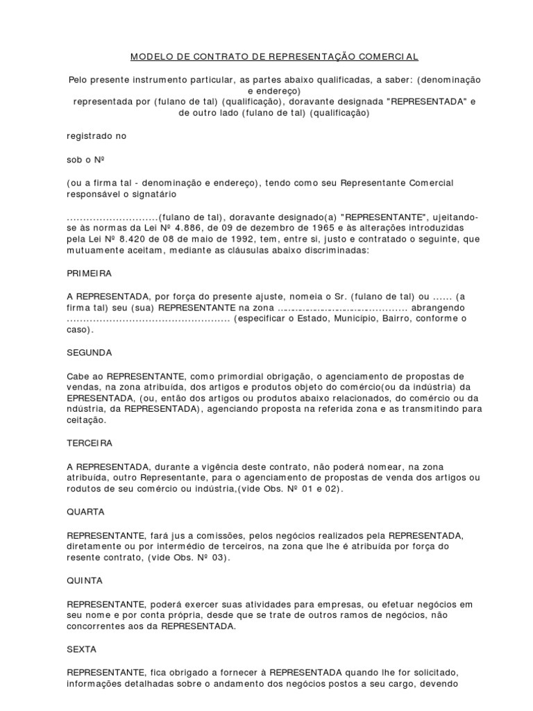 Modelo Contrato Representação Comercial Lei Estatutária Estado