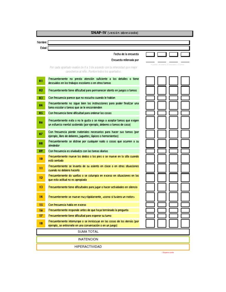 Tdah Cuestionario SNAP IV | PDF | Desorden hiperactivo y deficit de ...