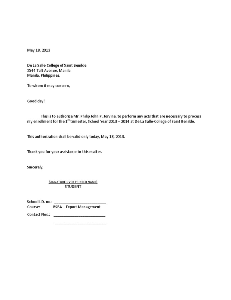 Authorization Letter Sample For School