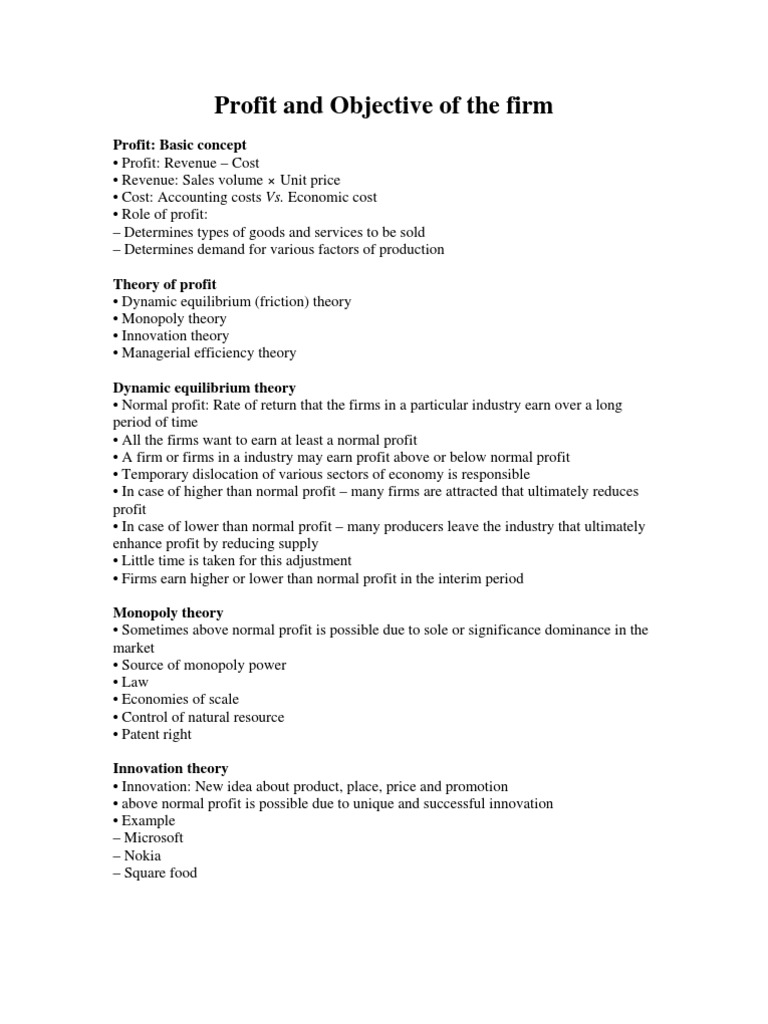 Profit and Objective of The Firm | PDF | Profit (Economics) | Monopoly