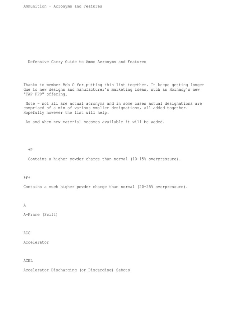 Ammunition Acronyms and Features PDF Bullet Cartridge (Firearms)