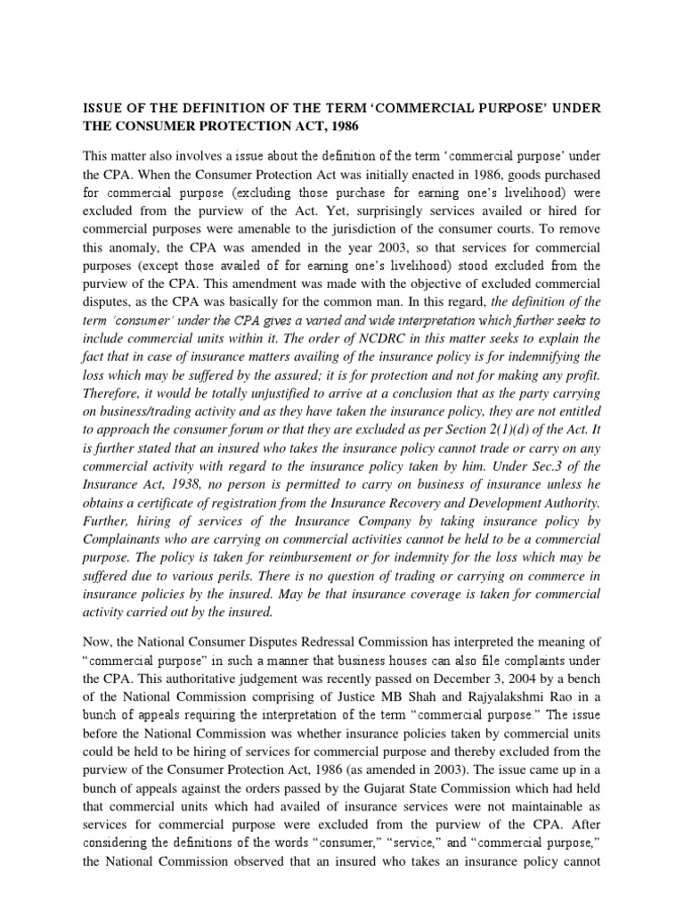 Issue of The Definition of The Term Commercial Purpose' Under The
