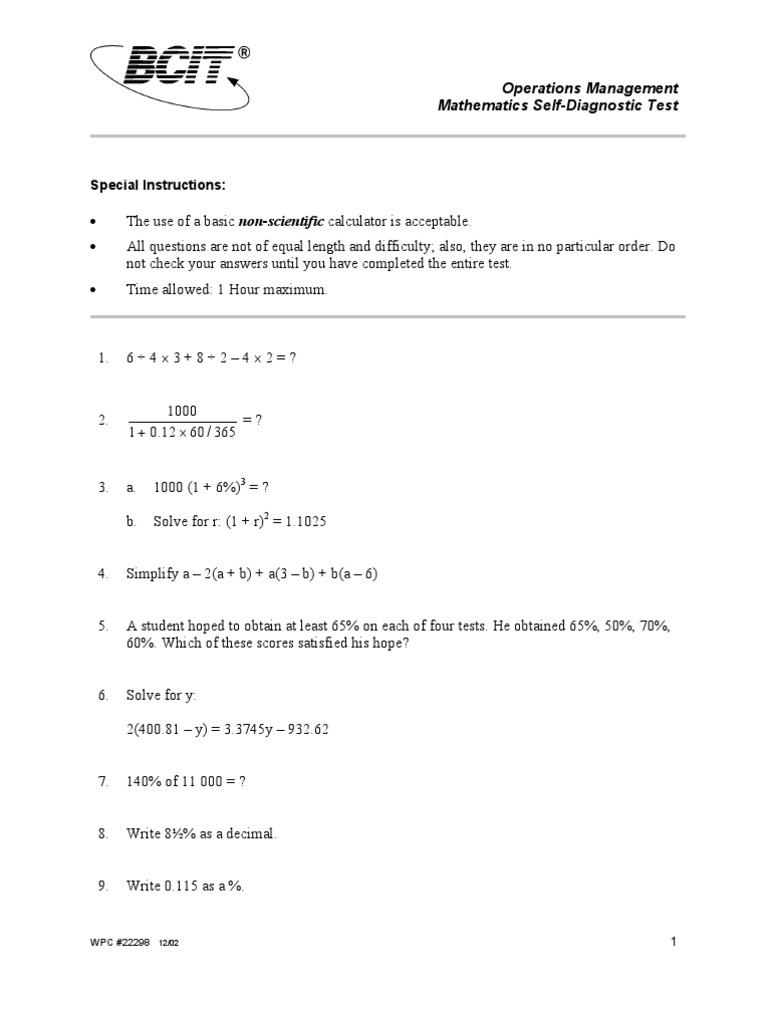 Bcit Math Diagnostic Test Velocity Renting