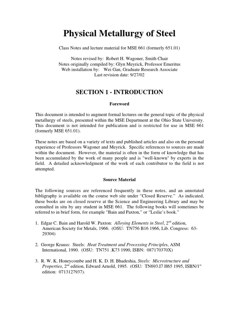 Physical Metallurgy of Steel Notes | PDF | Art | Science & Mathematics