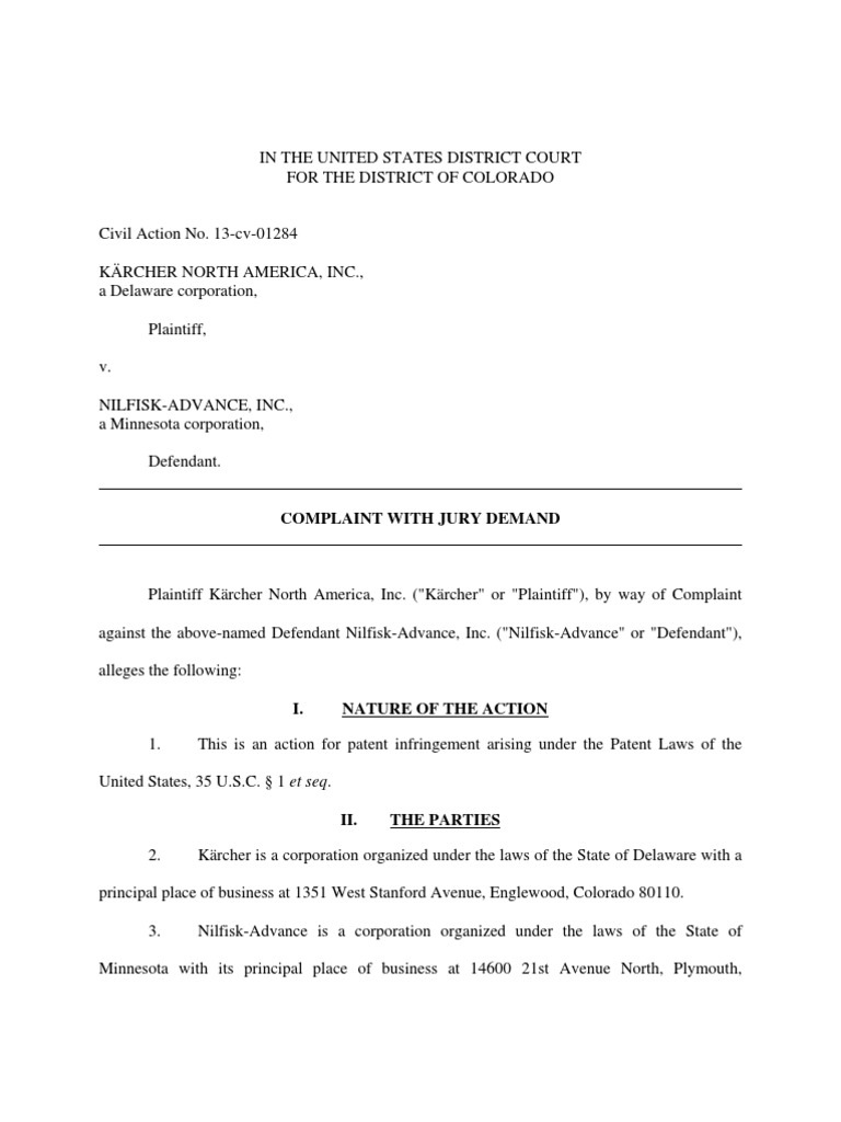 Karcher North America v. NilfiskAdvance PDF Patent Application