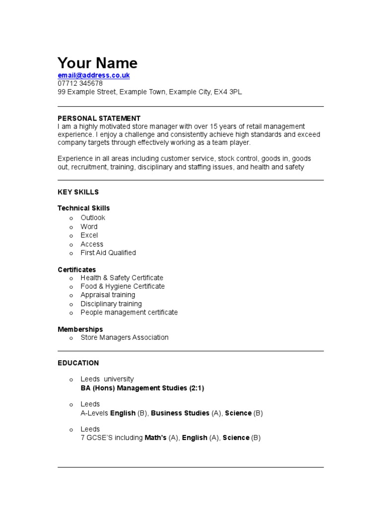 Retail Store Manager CV Template Question Integrity