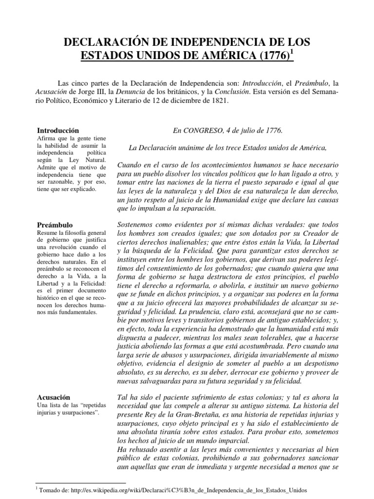 Declaración de Independencia de Los Estados Unidos de América | PDF ...