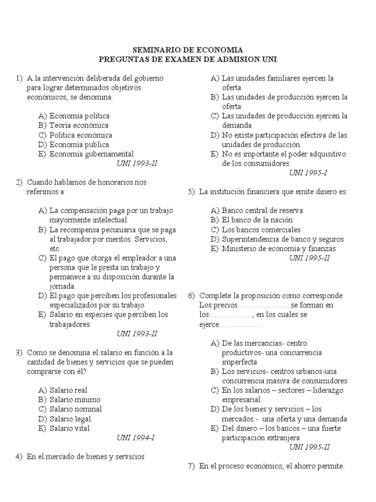 Preguntas de Examen de Economía UNI | PDF | Salario | Mercado (economía)