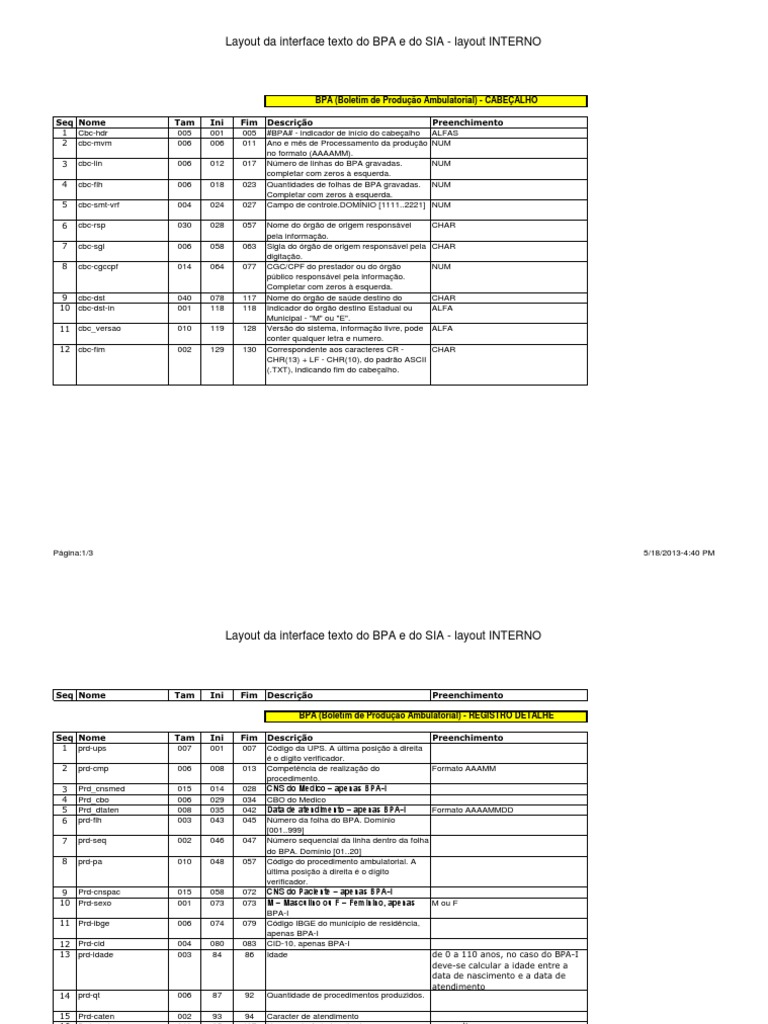 Layout do BPA e SIA: Cabeçalho e Registro | PDF | Codificações ...
