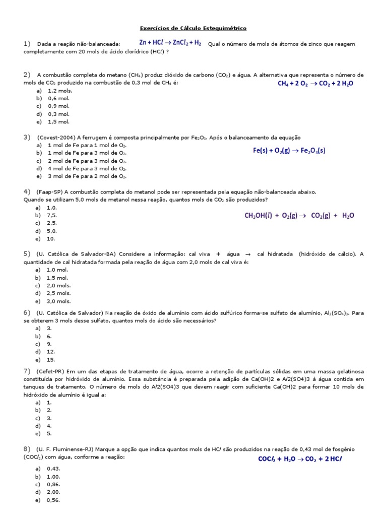 Lista Exercícios Estequiometria 75 Exercícios | PDF | Mol (unidade ...