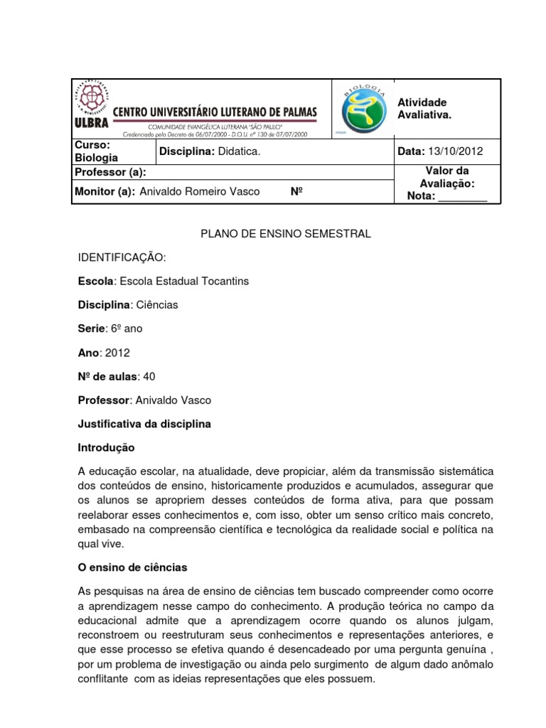 Plano de Ensino Semestral de Ciências | PDF | Ambiente natural | Science