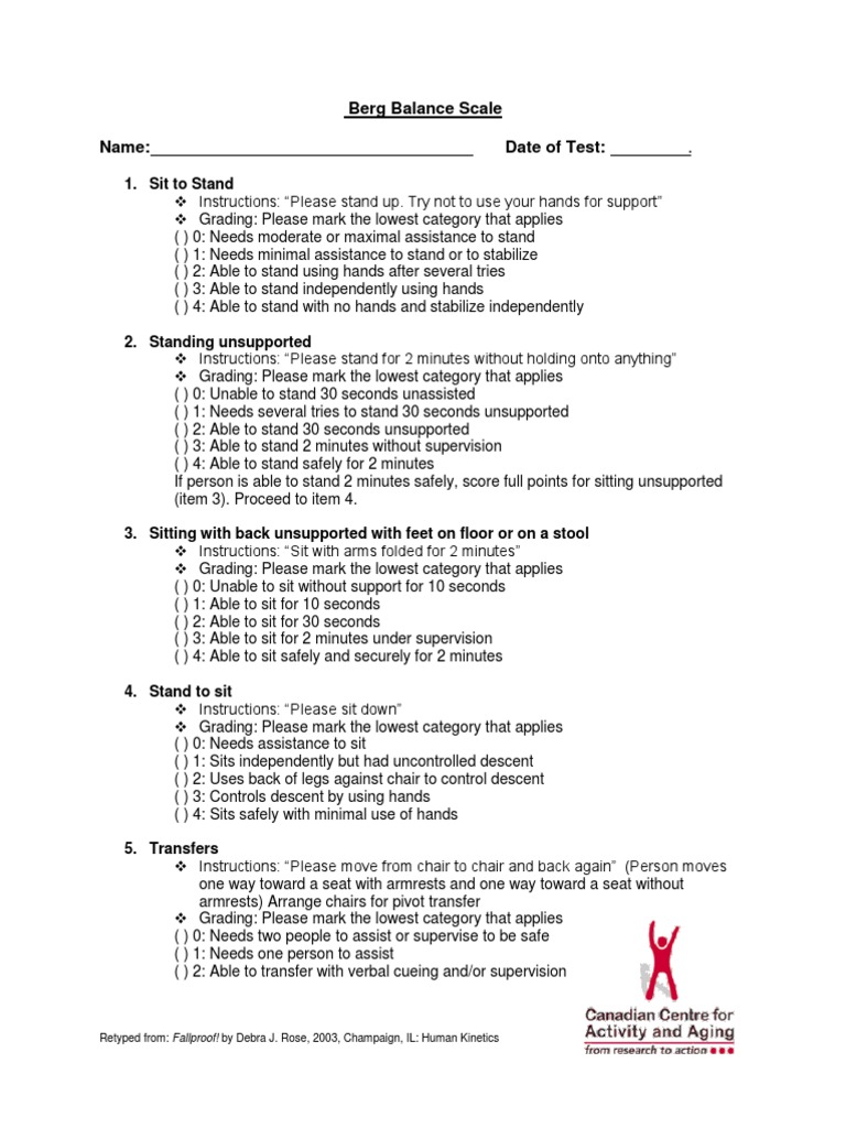 Berg Balance Scale PDF Anatomical Terms Of Motion Balance (Ability)