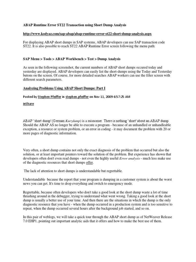 Analyzing ABAP Runtime Errors Using Transaction ST22 and Understanding Short Dump Contents PDF