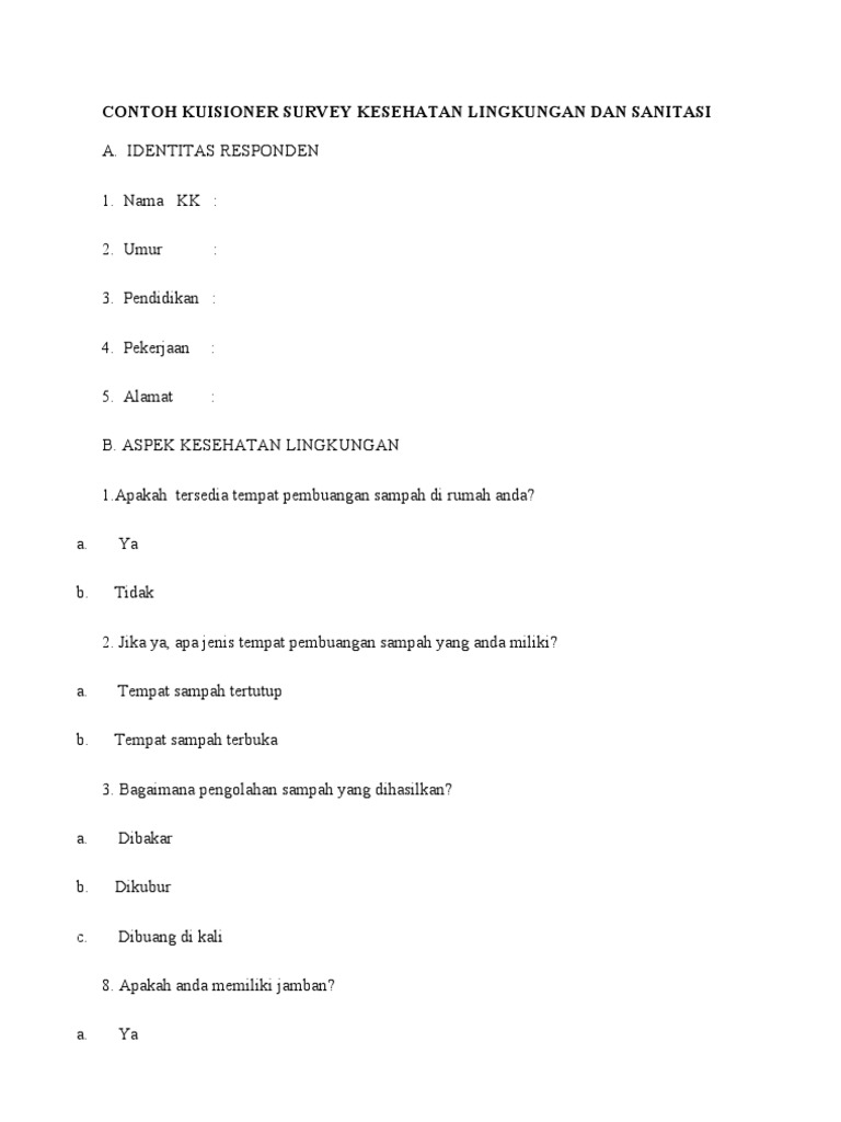Contoh Kuisioner Survey Kesehatan Lingkungan Dan Sanitasi
