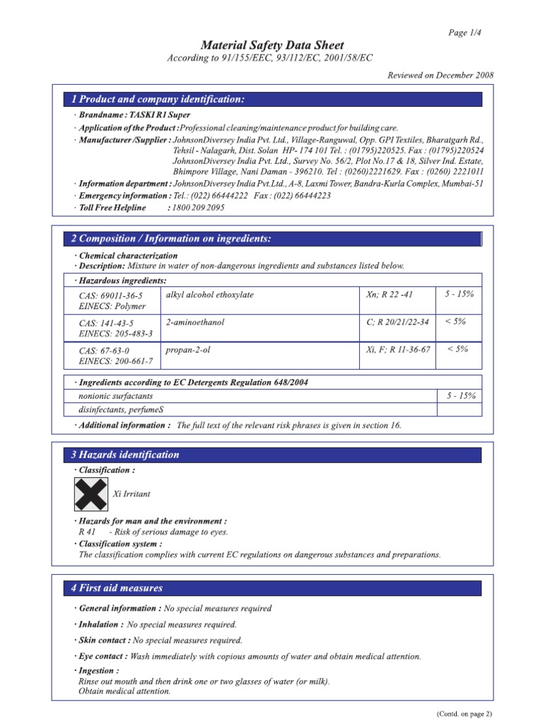 Taski r1 Super Msds | PDF