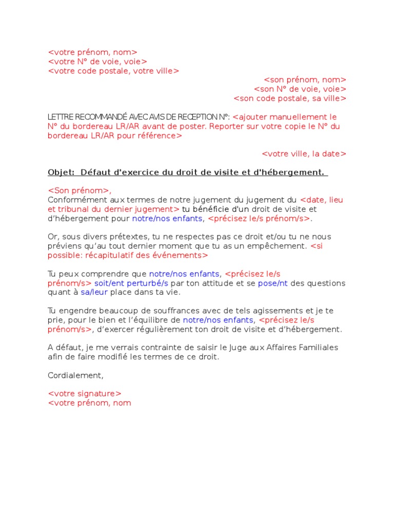 Défaut d'exercice du droit de visite et d'hébergement  Lettre type