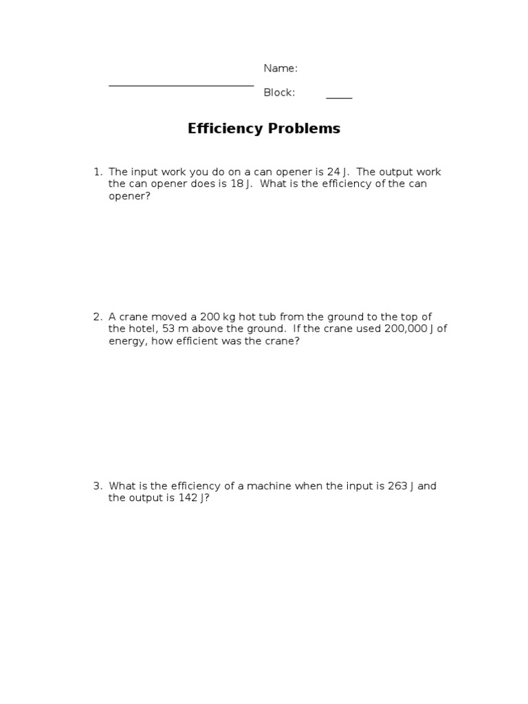 Efficiency Worksheet | Technology | Energy And Resource | Free 30-day