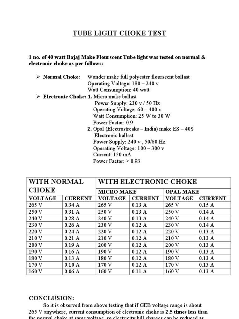 Tube Light Choke Test PDF