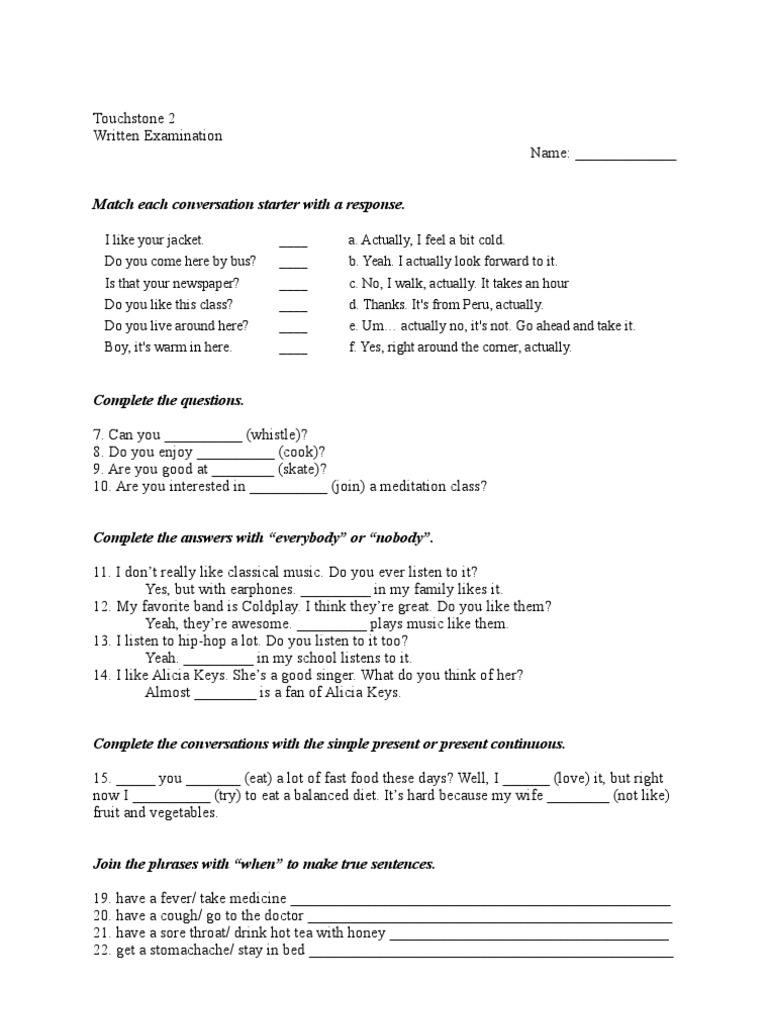 oral 2 touchstone test Touchstone 2 Exam Written