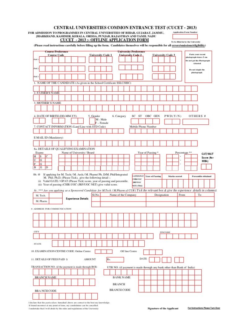Central Universities Common Entrance Test (Cucet 2013) Cucet 2013