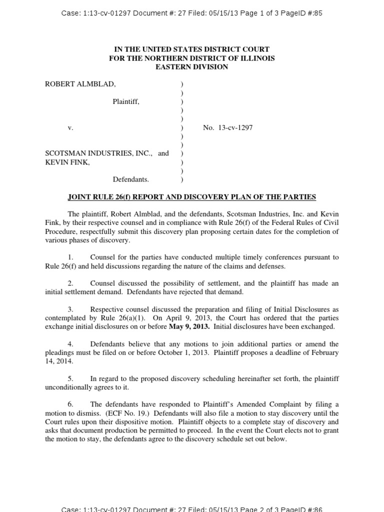 05 15 Doc #27 Discovery Dates Settlement PDF Discovery (Law