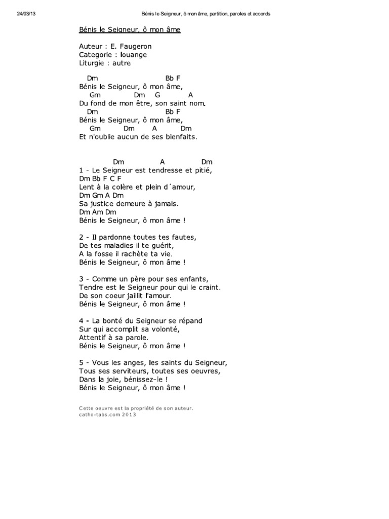 Benis Le Seigneur O Mon Ame Partition Paroles Et Accords