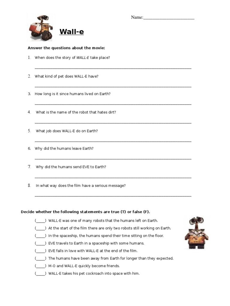 Wall E Movie  PDF Intended For Dirt The Movie Worksheet