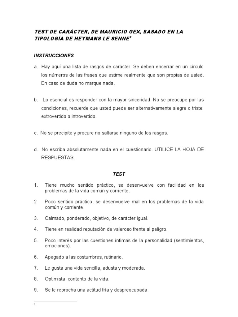 Test de Carácter de Mauricio Gex | PDF | Las emociones | Sicología