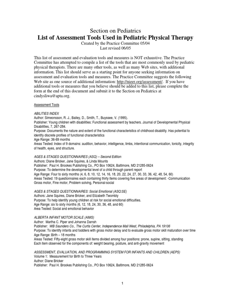 Lists of Assessment Tools Used in Pediatric Physical Therapy