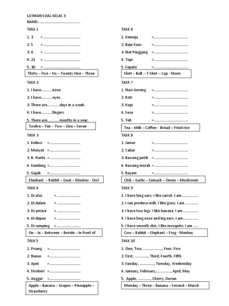 LATIHAN SOAL ULANGAN UMUM BAHASA INGGRIS SD KELAS 3 TAHUN PELAJARAN
