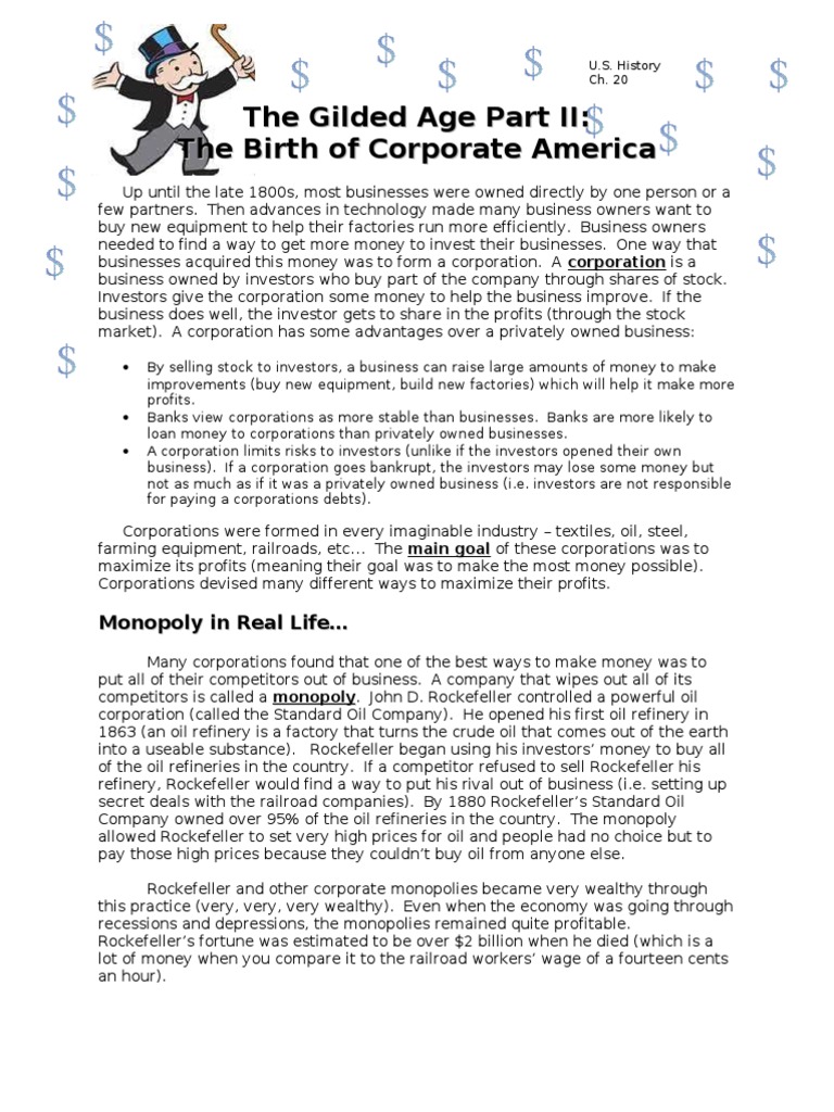 Gilded Age Part II Corporations and Monopolies Reading PDF John D