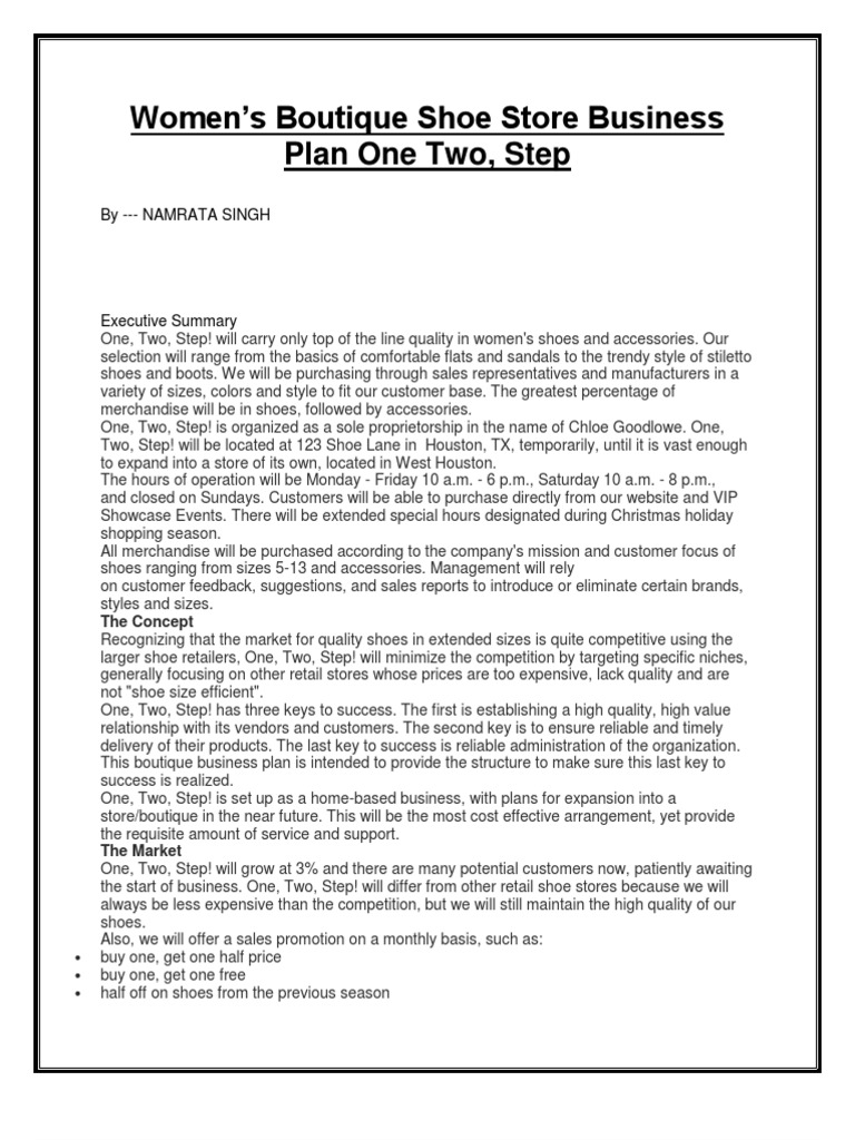 Women S Boutique Shoe Store Business Plan One, Two, Step! PDF