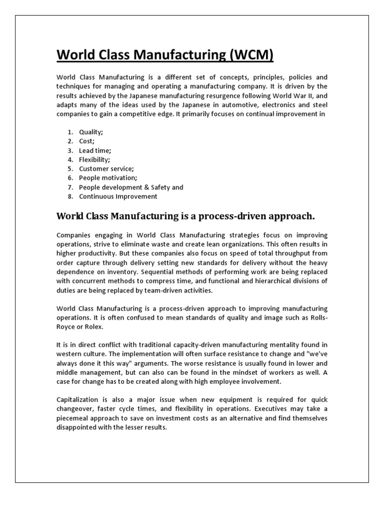World Class Manufacturing Pdf Supply Chain Employment