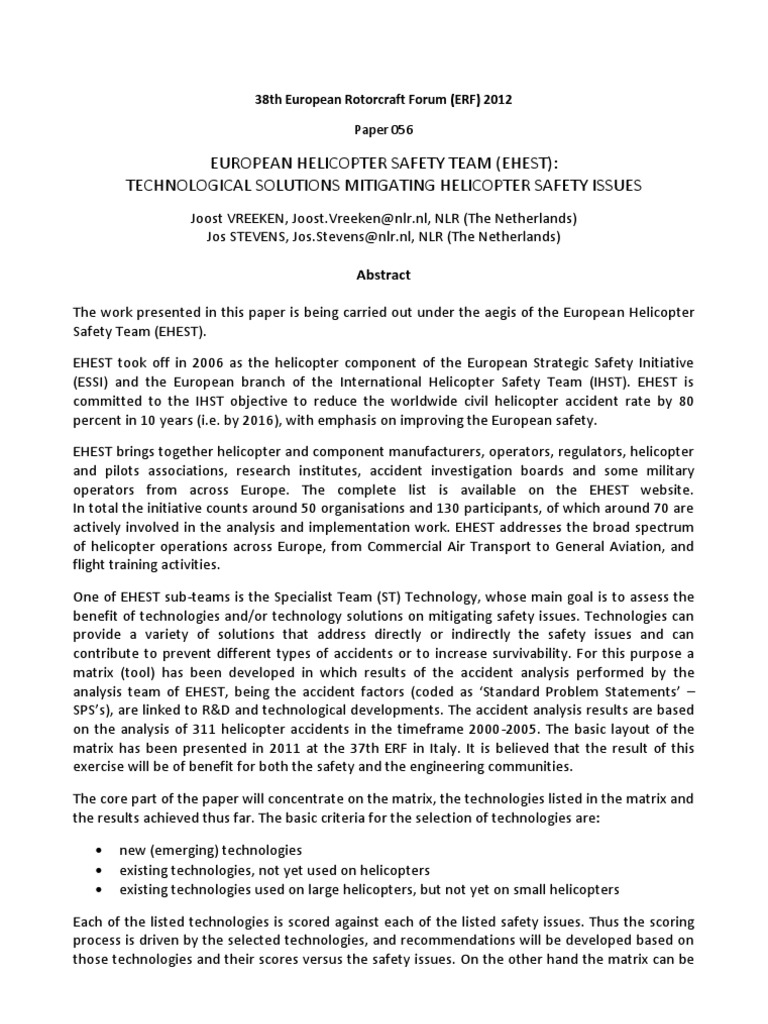 European Helicopter Safety Team (Ehest) : Technological Solutions ...