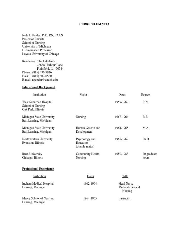 Nola J. Pender: Curriculum Vitae | PDF | Nursing | Health Promotion