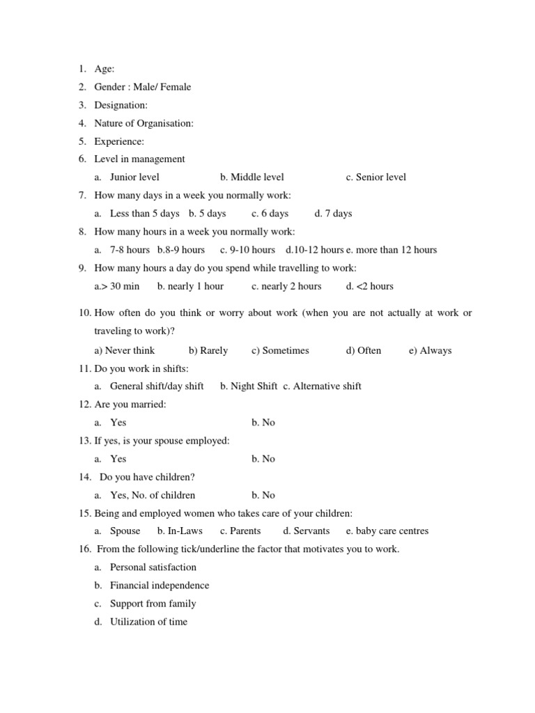 Questionnaire On WLB | PDF | Work–Life Balance | Telecommuting