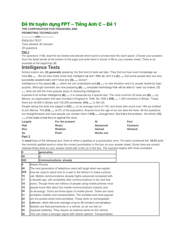 FPT English Test C - Sample Exam 1 | PDF