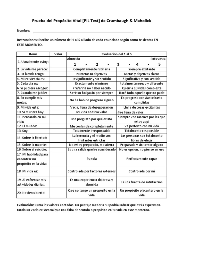 Prueba del Propósito Vital [PIL Test] de Crumbaugh & Maholick