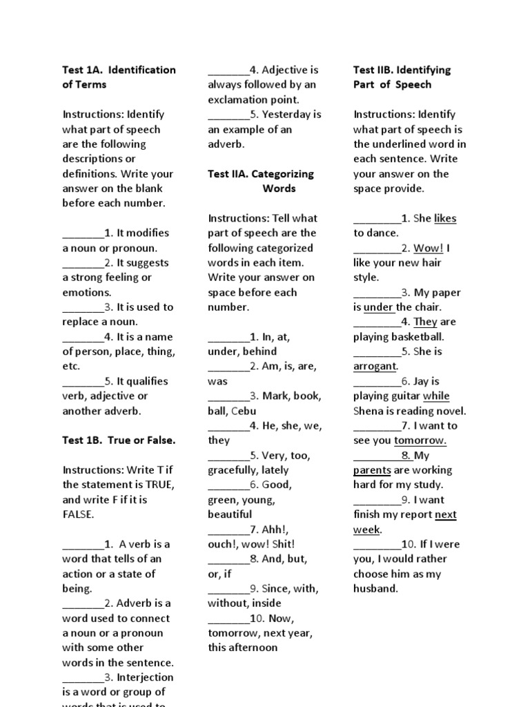 Test 1A. Identification of Terms Test IIB. Identifying Part of Speech ...