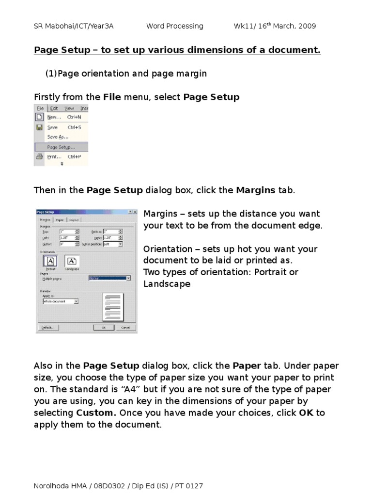 Word Processing Page Setup Guide | PDF