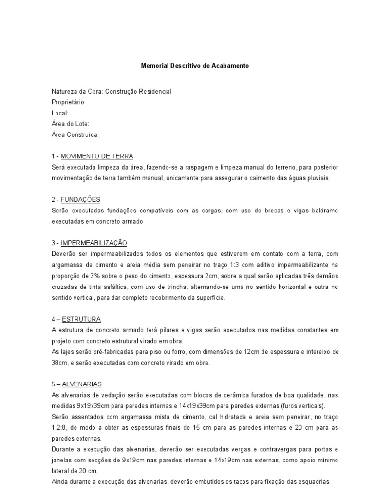 Minuta de Memorial Descritivo | PDF | Argamassa (alvenaria) | Projeto ...