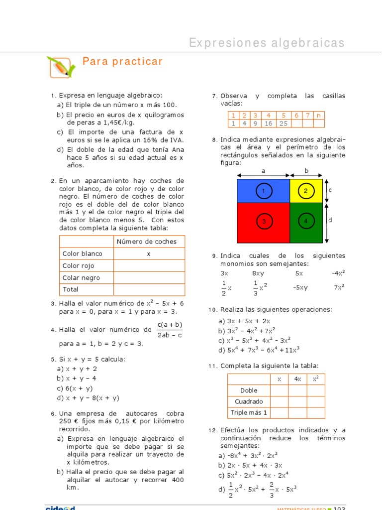 Ejercicios de Expresiones Algebraicas 1º ESO | PDF | Ecuaciones ...