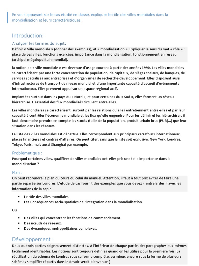 Exercices Corrigés Les Villes Dans La Mondialisation 4ème évaluation Pdf Corrigé Composition Villes Mondiales PDF | PDF | Londres | Mondialisation