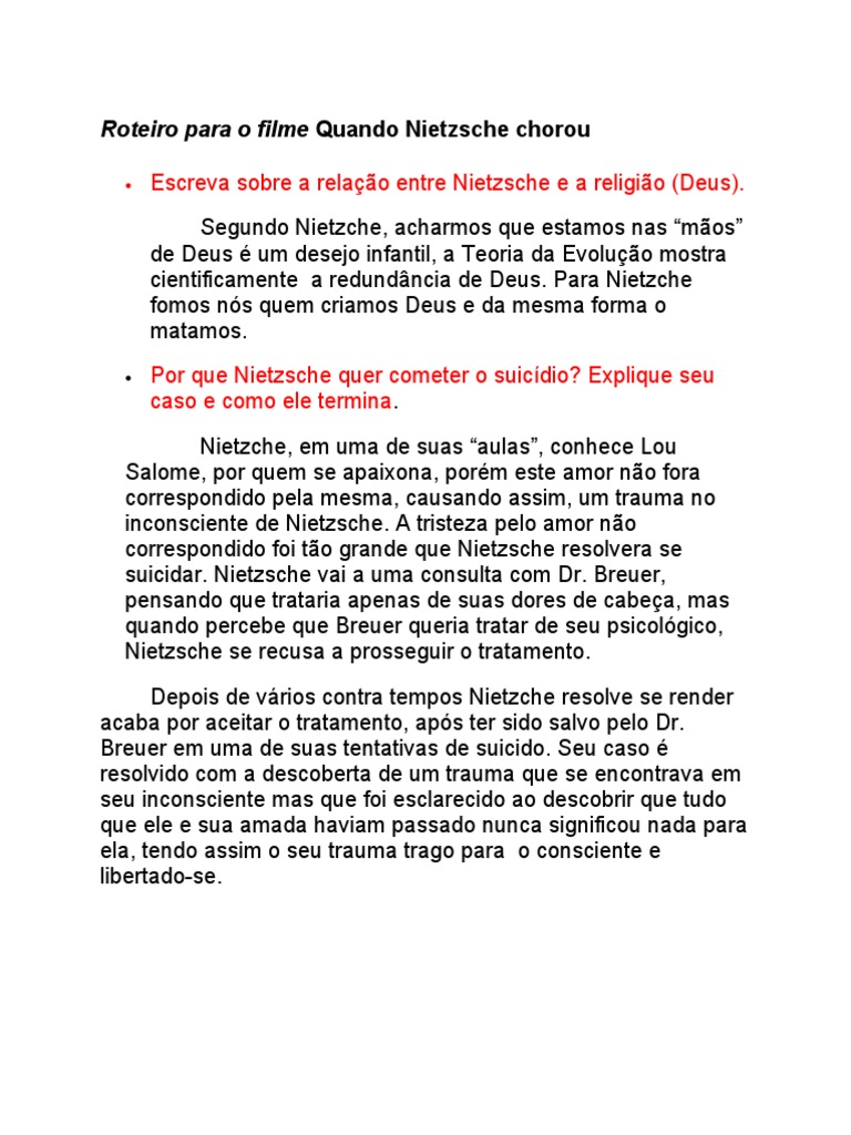 Roteiro Para O Filme Quando Nietzsche Chorou 2 PDF Hipnose