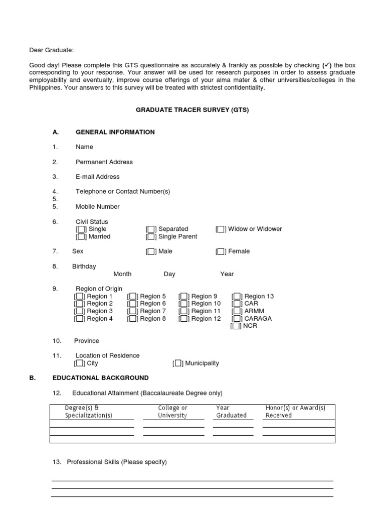 Tracer Study Questionnaire Employment Labour Free 30day Trial