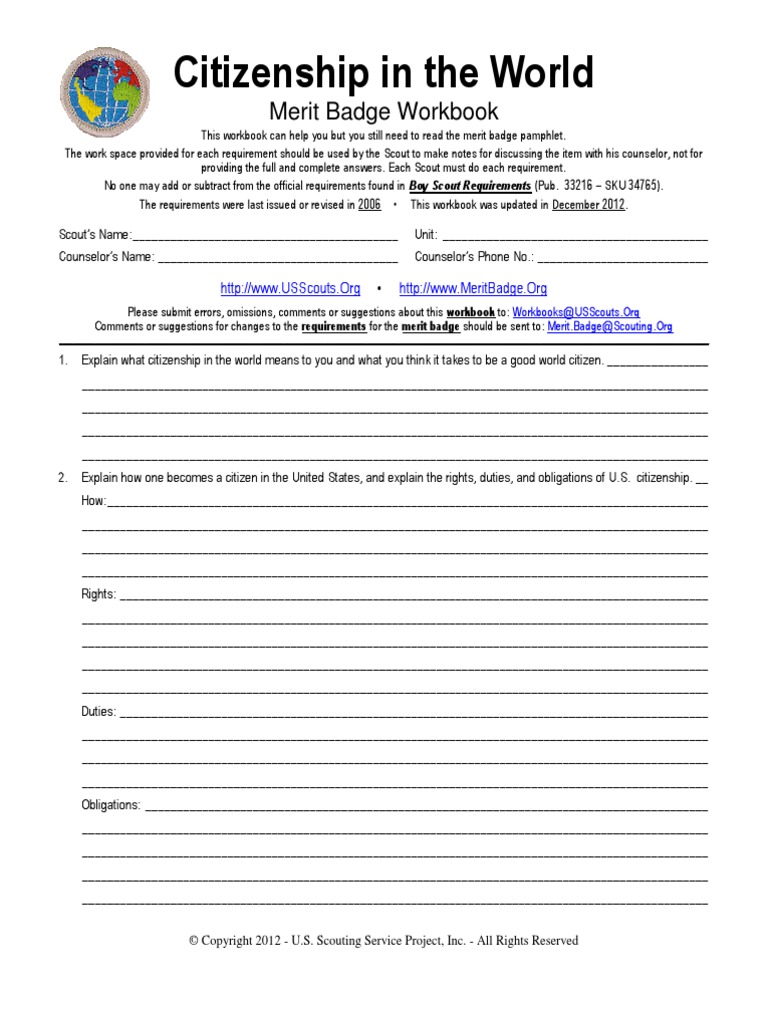 Citizenship In The World Merit Badge Worksheet Boy Scouts Of America Scouting