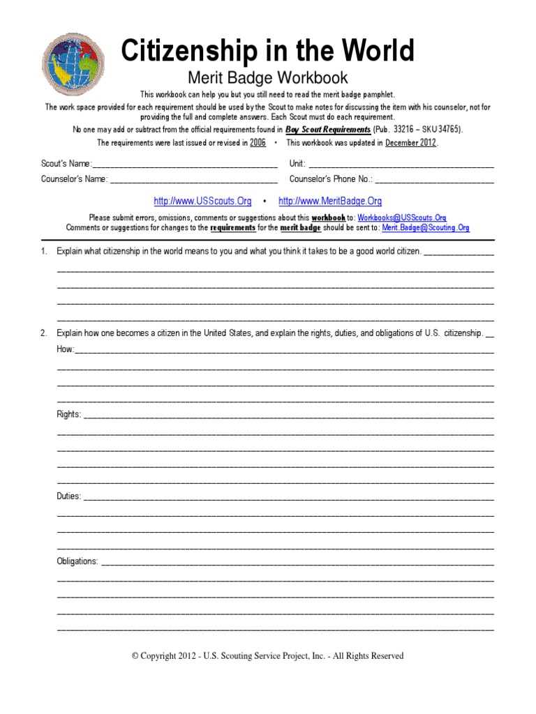 Citizenship In The World Merit Badge Worksheet Pdf Boy Scouts Of America Scouting