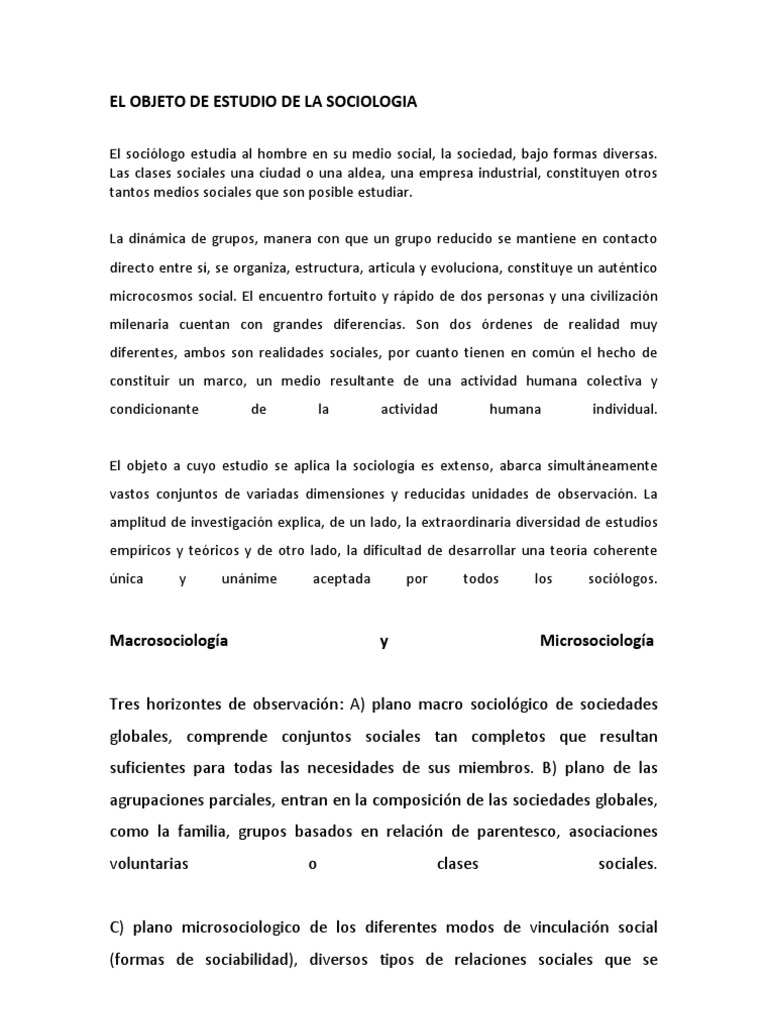Objeto De Estudio Sobre El Que Acta La Sociologa Y Su